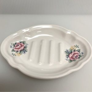 vtg PFALTZGRAFF Tea Rose Soap Dish Porcelain Roses Ridges 1989 Off White Pink